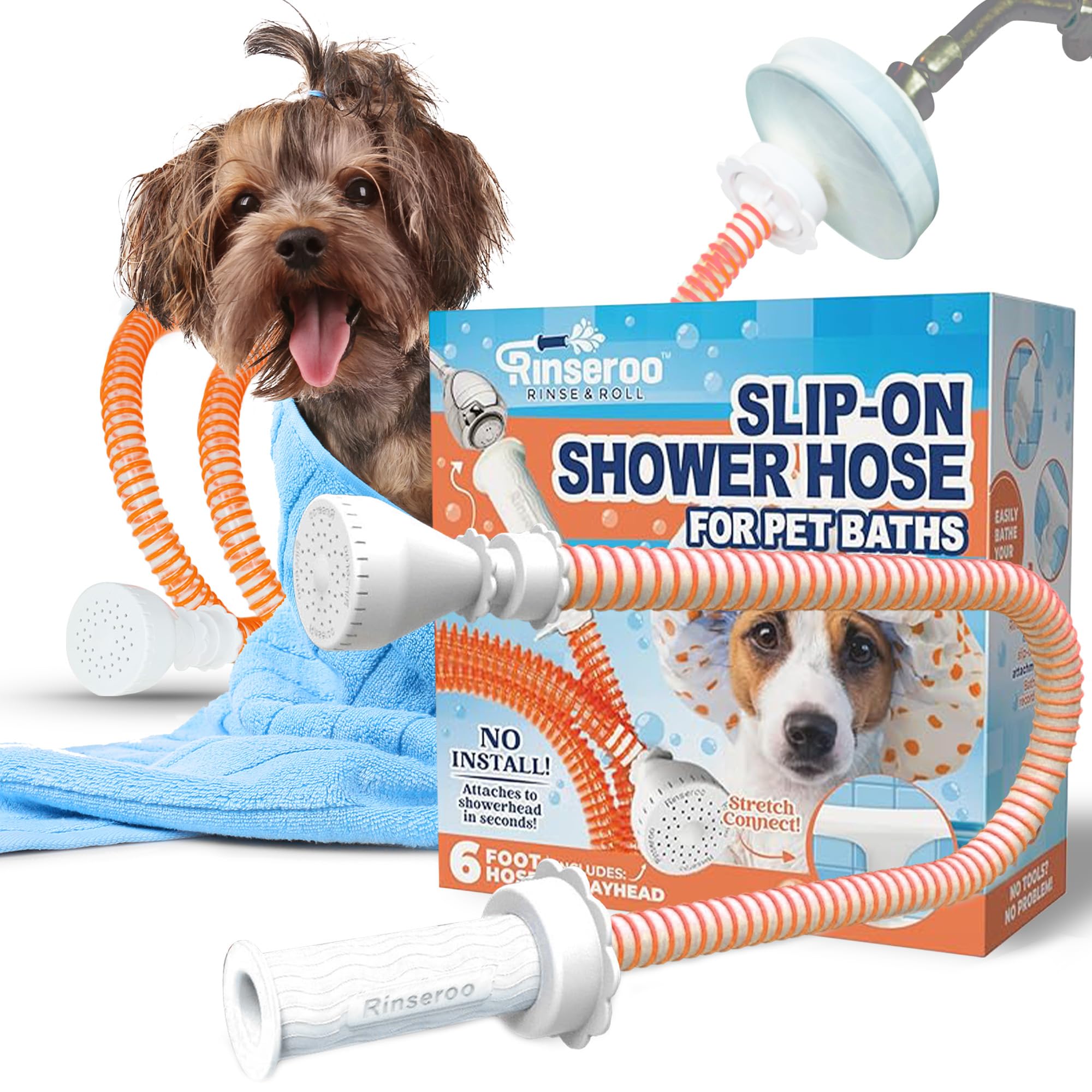 Rinseroo soft-spray head delivers gentle rinsing for anxious pets