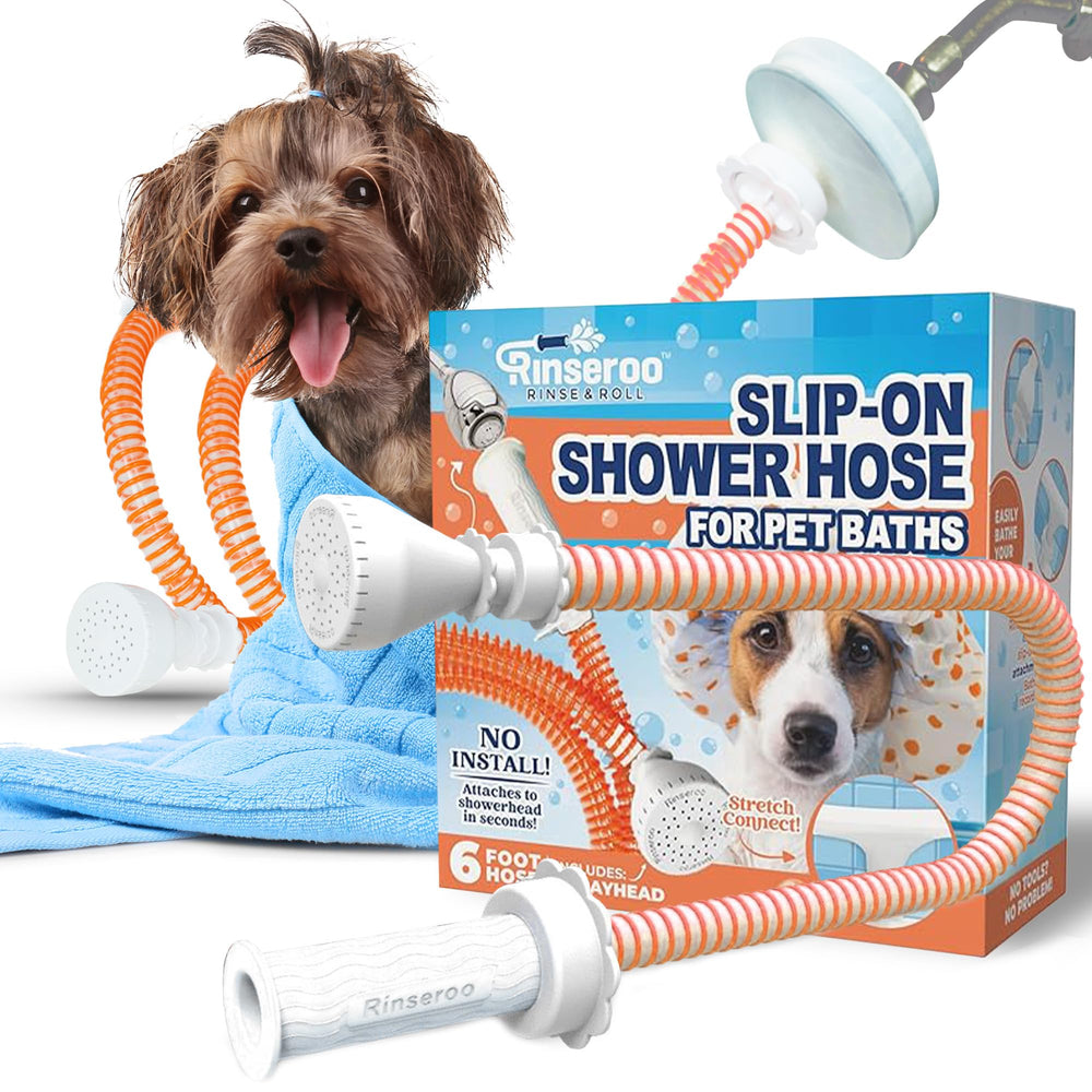 Rinseroo soft-spray head delivers gentle rinsing for anxious pets