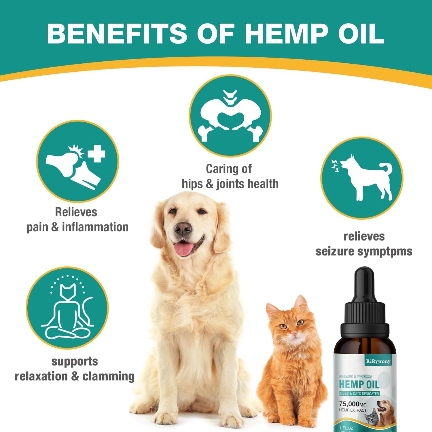 RiRywony Health organic pet hemp oil dropper application on a pet bowl.