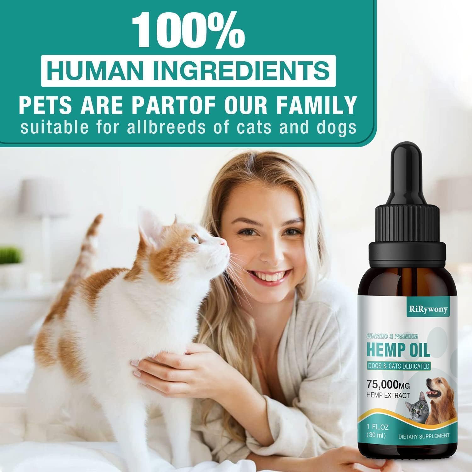 RiRywony Health pet eating food with hemp oil for easy daily care.