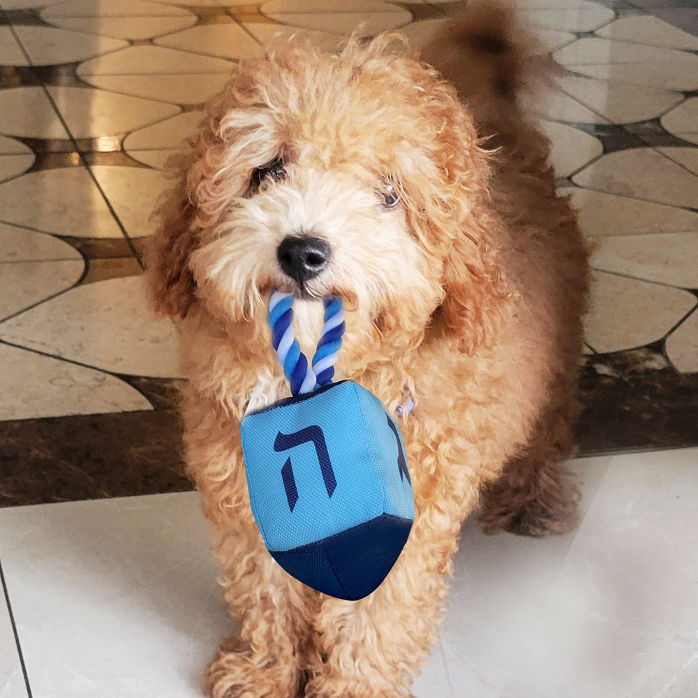 Rite Lite Dreidel Dog Toy closeup stitching reveals durable, colorful seams for chewing play.