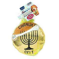 Rite Lite gelt coin dog toy in hand highlights size and chew friendly Oxford material