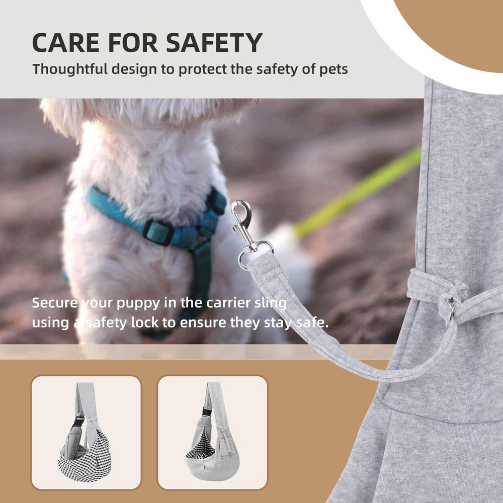 Riuja dog sling pocket strap holds phone or snacks for convenient access.
