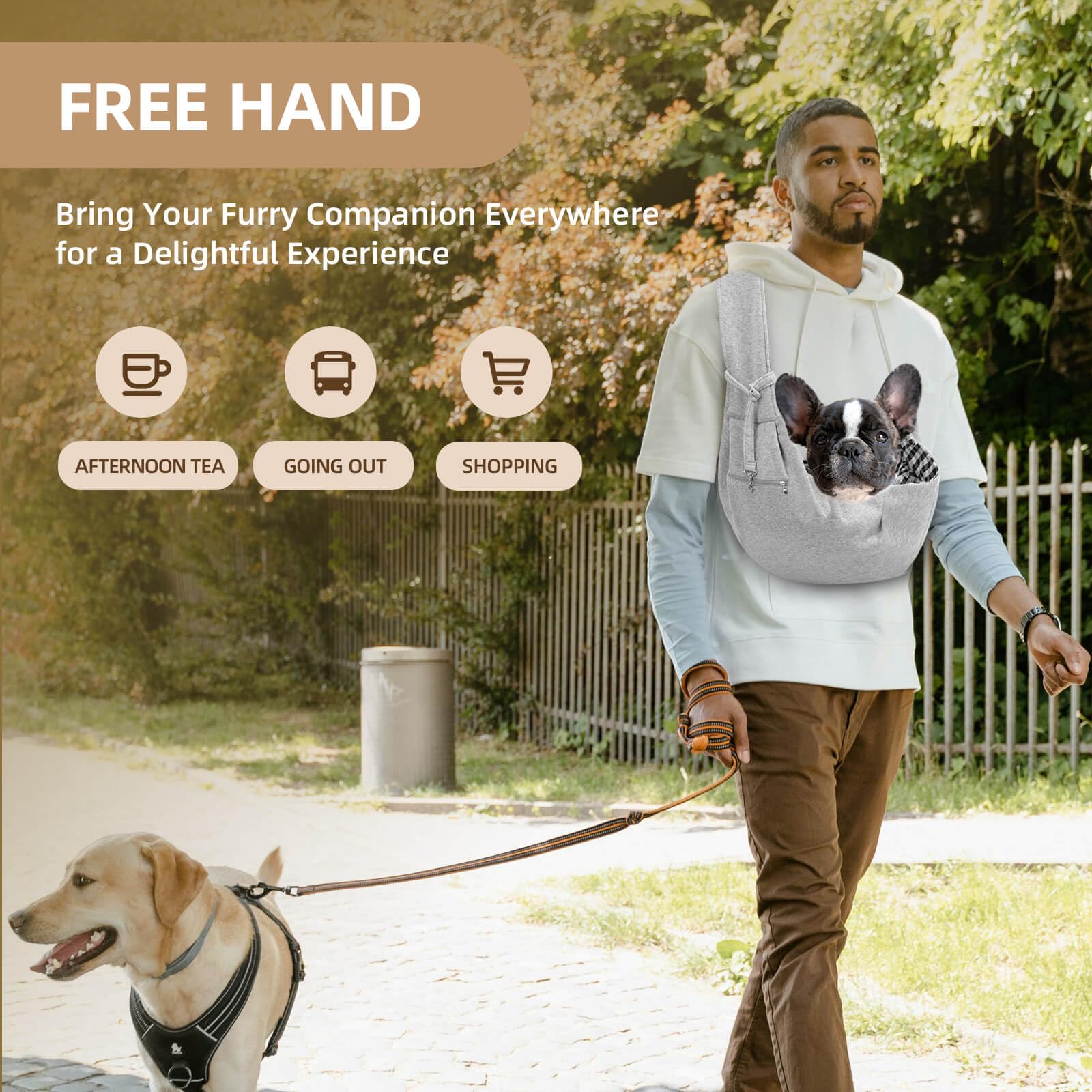 Riuja dog carrier sling used outdoors for safe, hands-free outings.