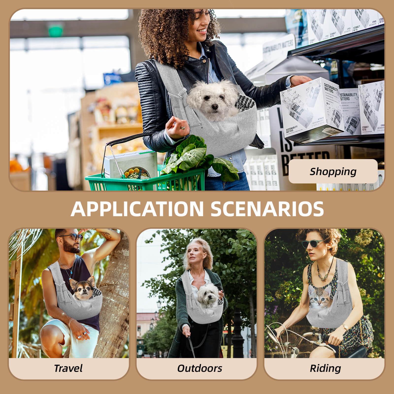 Riuja small pet sling in-store use highlights easy mall errands.