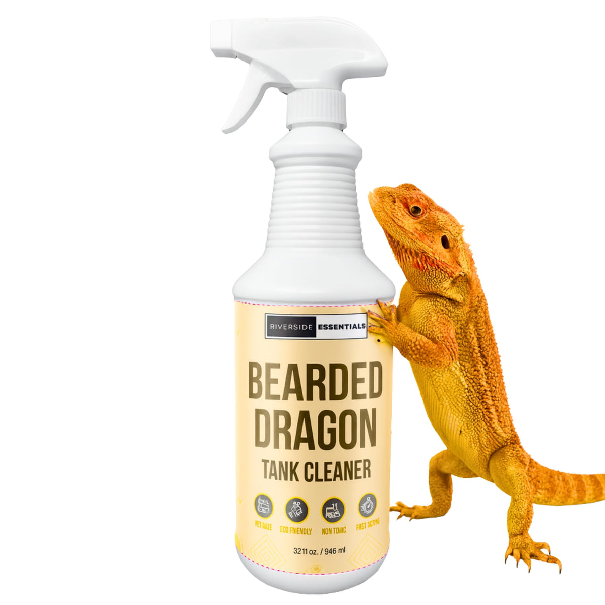 Riverside Essentials Bearded Dragon Tank Cleaner bottle pour shows easy, mess-free application