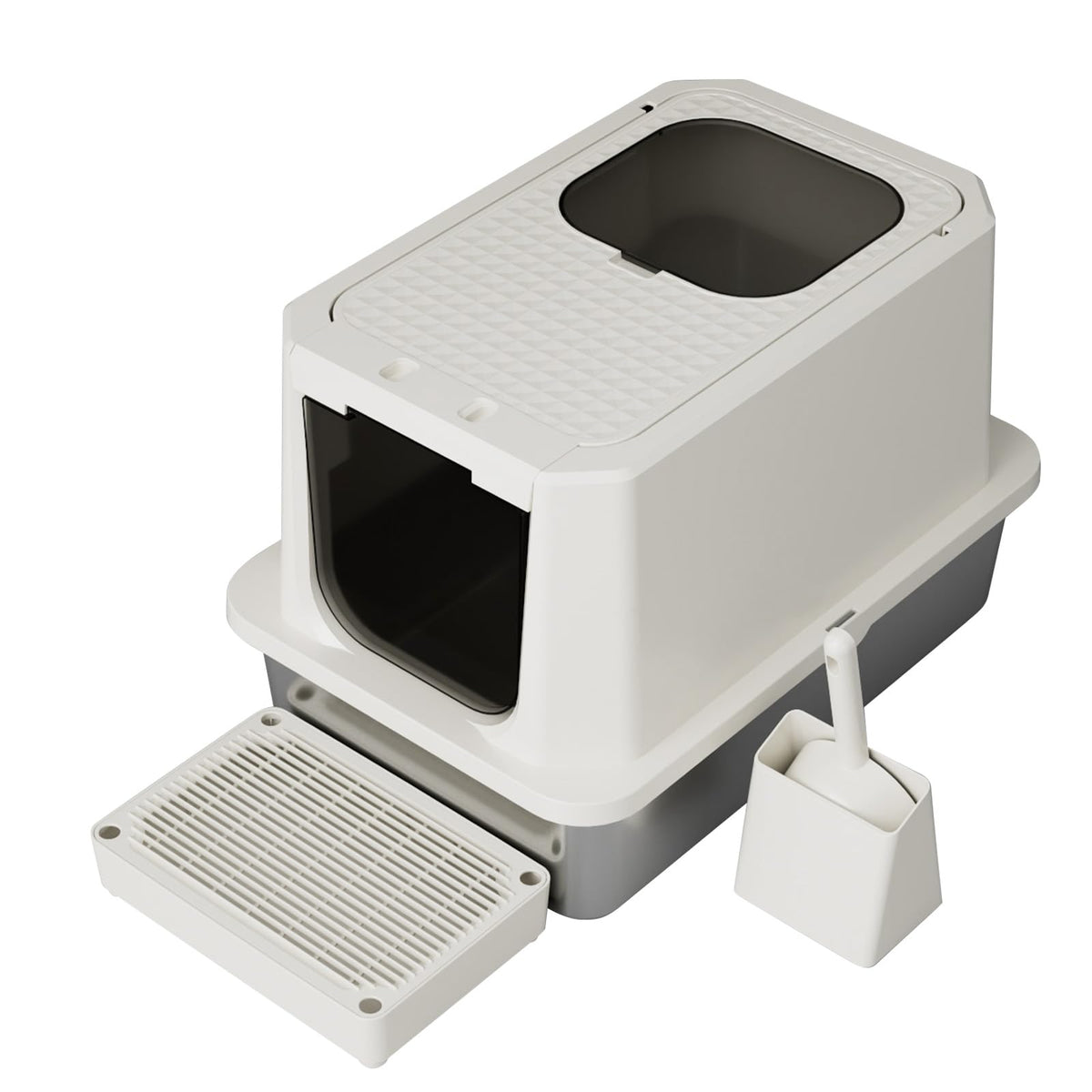 RIZZARI stainless steel cat box beige front view for a clean, private litter area.