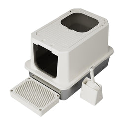 RIZZARI stainless steel cat box beige front view for a clean, private litter area.