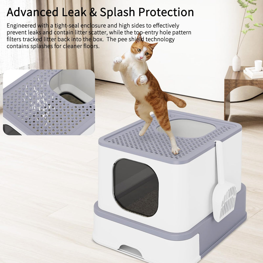 RIZZARI cat litter box easy-clean drawer shows slide-out sifter for quick maintenance