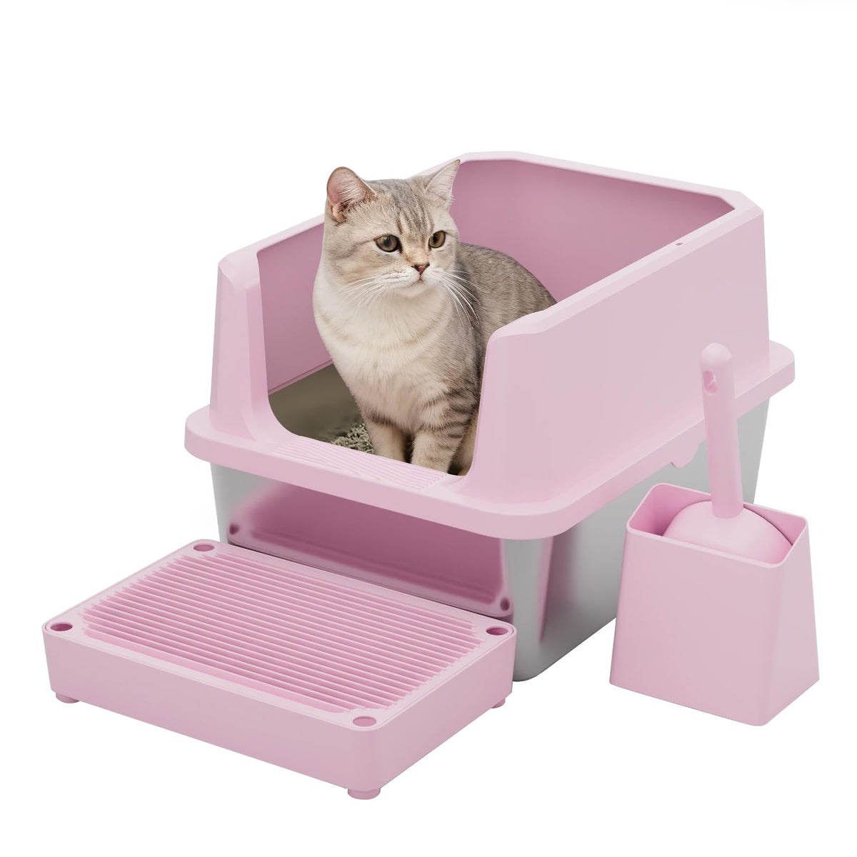 RIZZARI cat litter box large open-top pink stainless with easy access and airflow for fresher odors