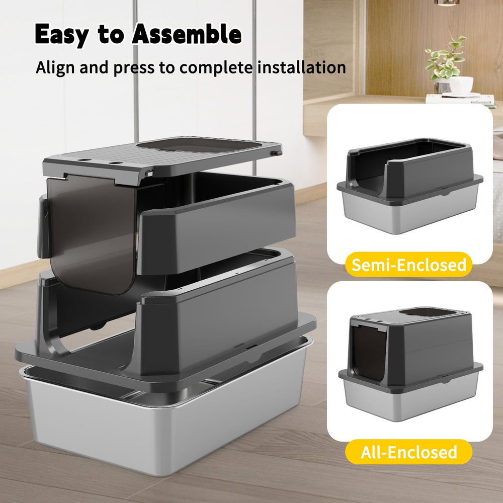 RIZZARI enclosed cat litter box dual-entry layout for versatile movement.