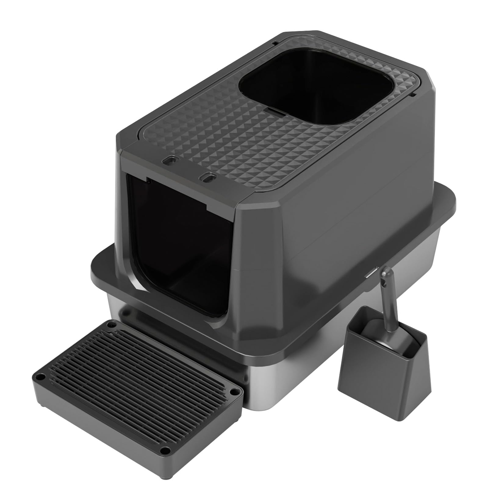 RIZZARI enclosed cat litter box front view in all-black stainless steel with odor control.