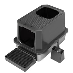 RIZZARI enclosed cat litter box front view in all-black stainless steel with odor control.