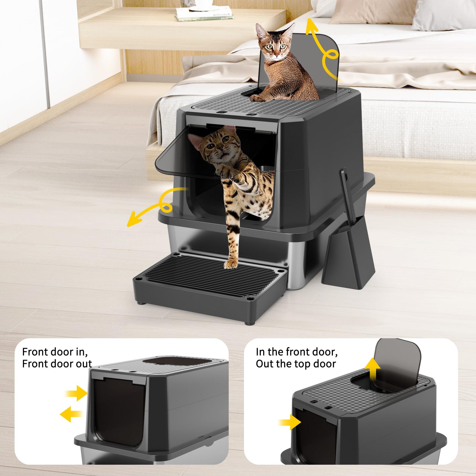 RIZZARI litter box with sand leakage pedal catching litter from paws.