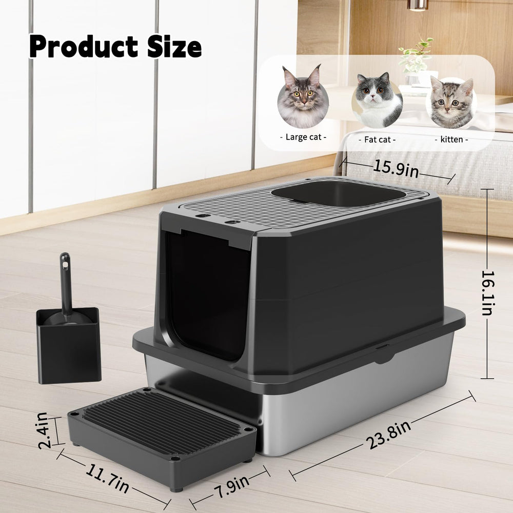 RIZZARI enclosed cat litter box top-entry design close-up showing dual-entry access.