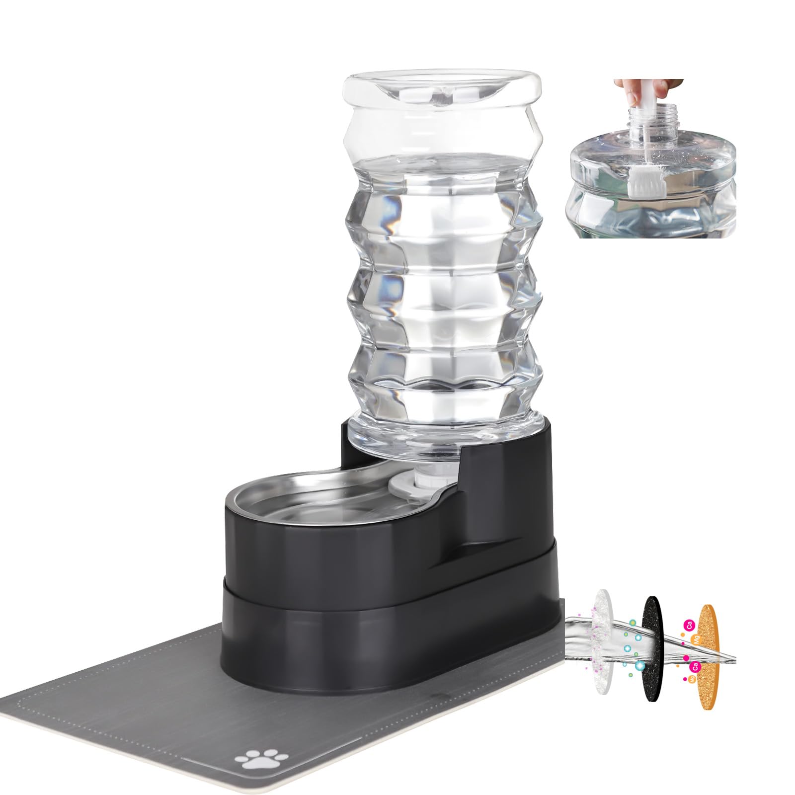 RIZZARI gravity-fed dog waterer with leak-proof base for tidy floors.