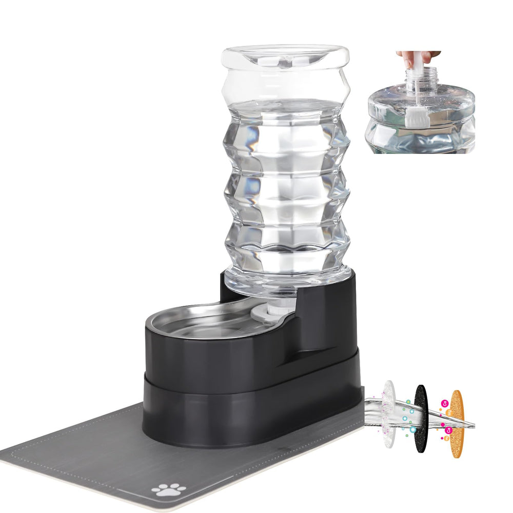 RIZZARI gravity-fed dog waterer with leak-proof base for tidy floors.