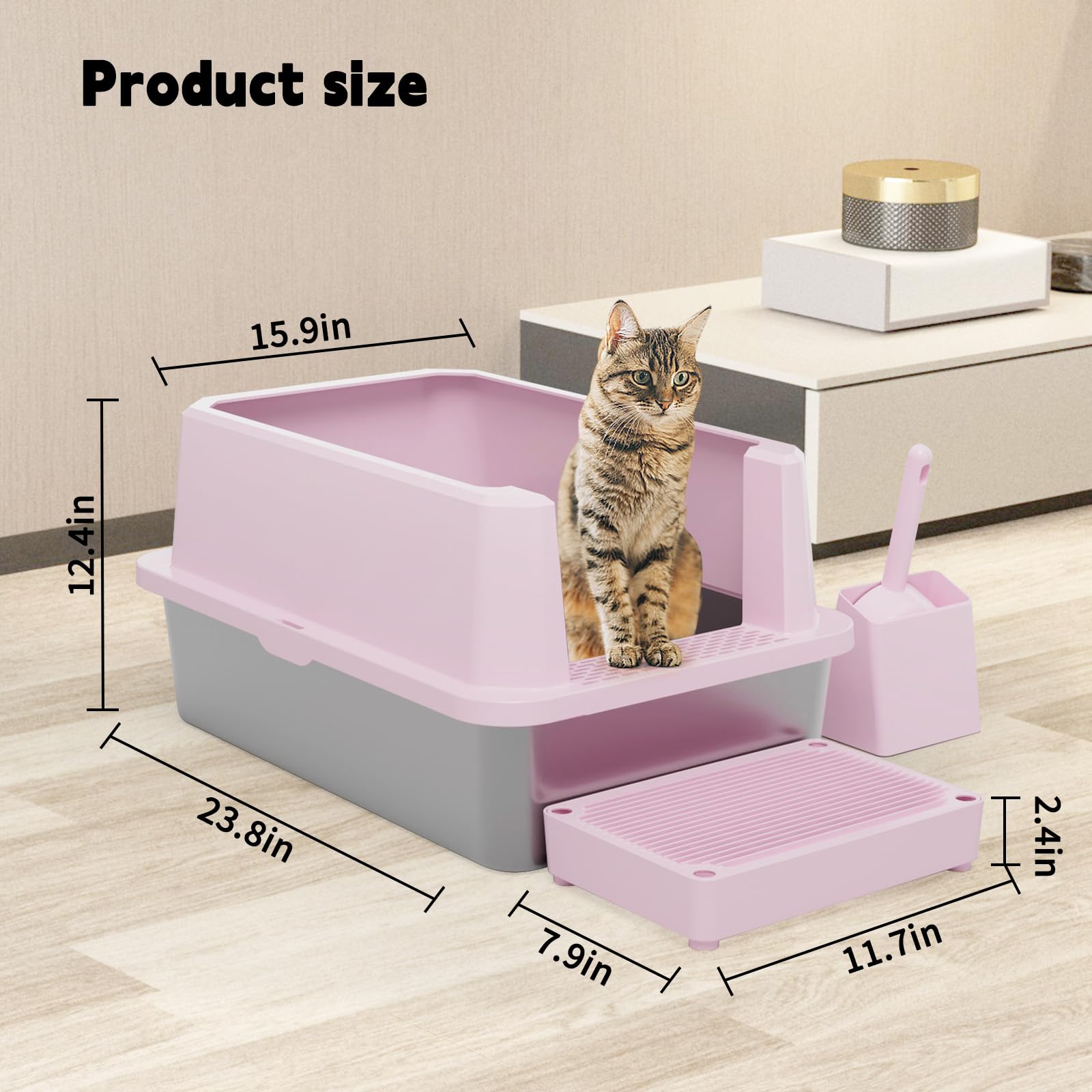 RIZZARI large cat litter box with privacy cap highlights ample space for large cats.