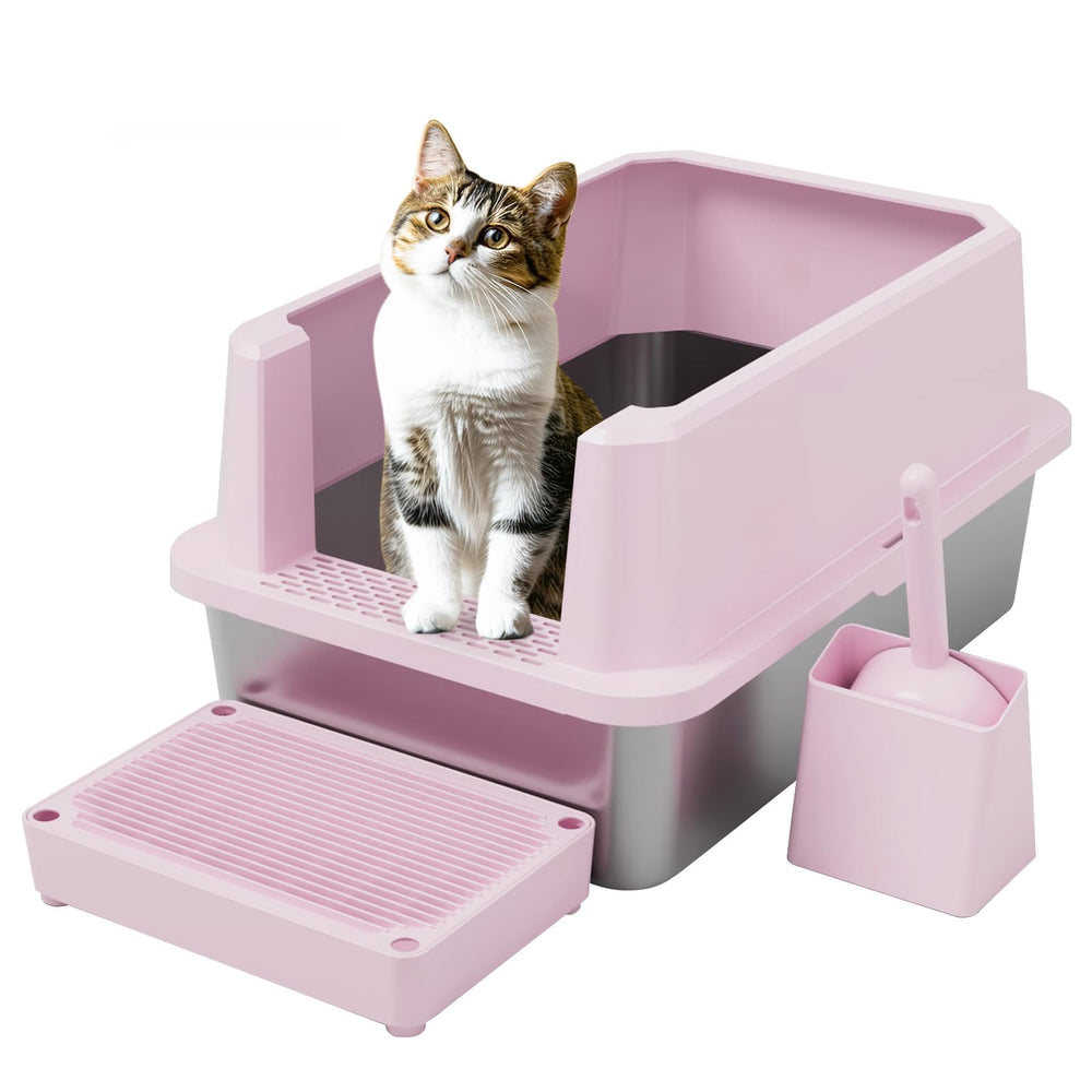 RIZZARI pink semi-closed litter box assembly shows quick setup and private cat space.