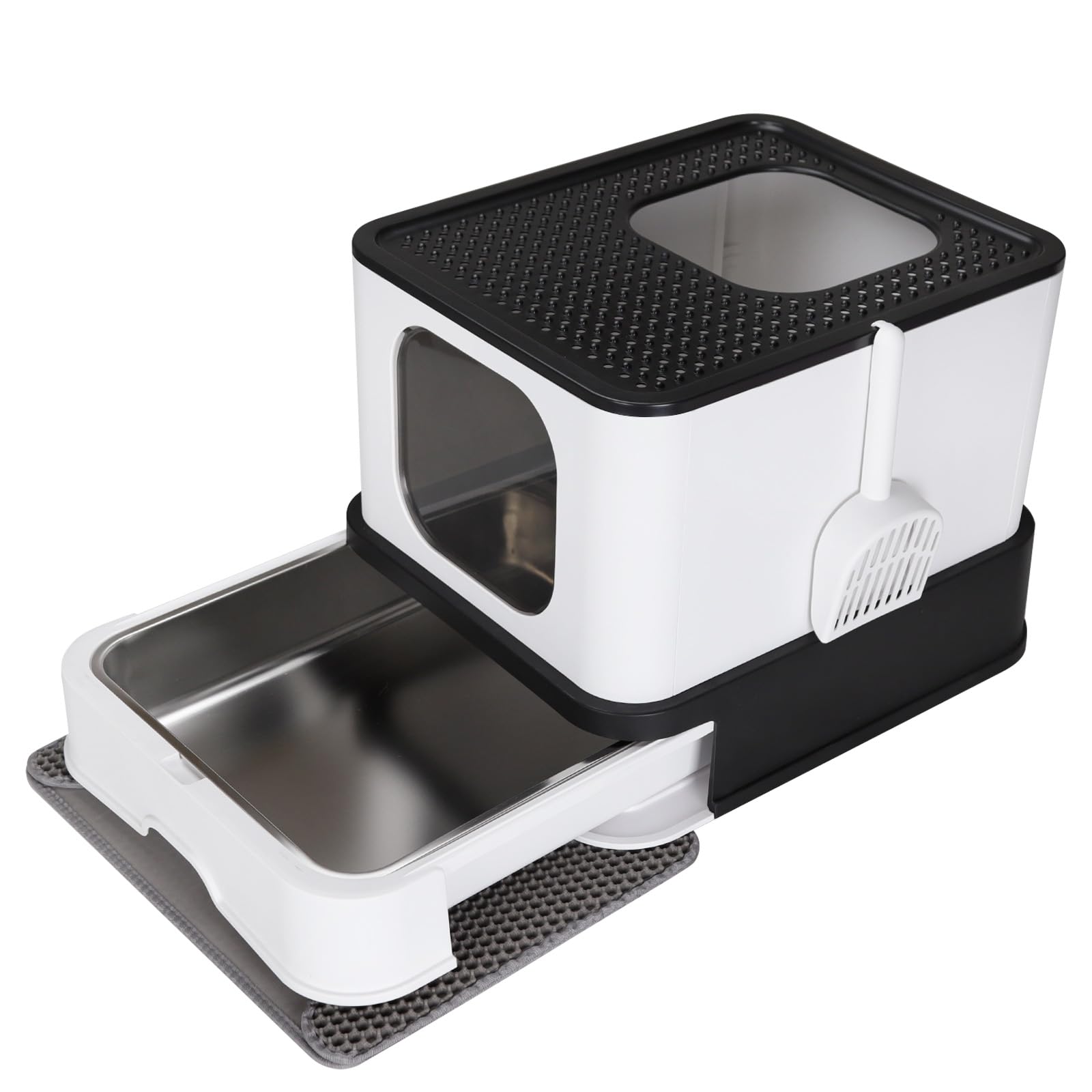RIZZARI stainless steel cat box front view shows durable enclosure for privacy.