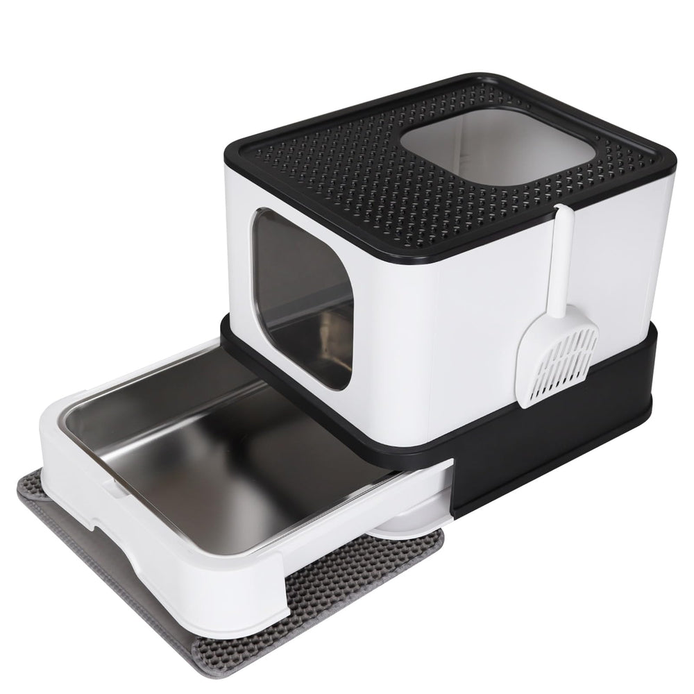 RIZZARI stainless steel cat box front view shows durable enclosure for privacy.
