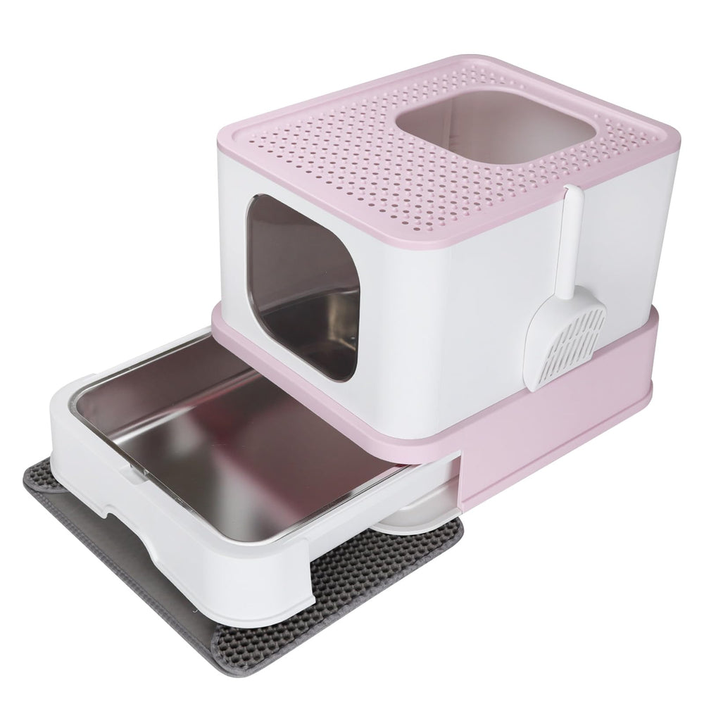 RIZZARI stainless steel cat box lid demonstrates privacy and odor containment for multi-cat homes.