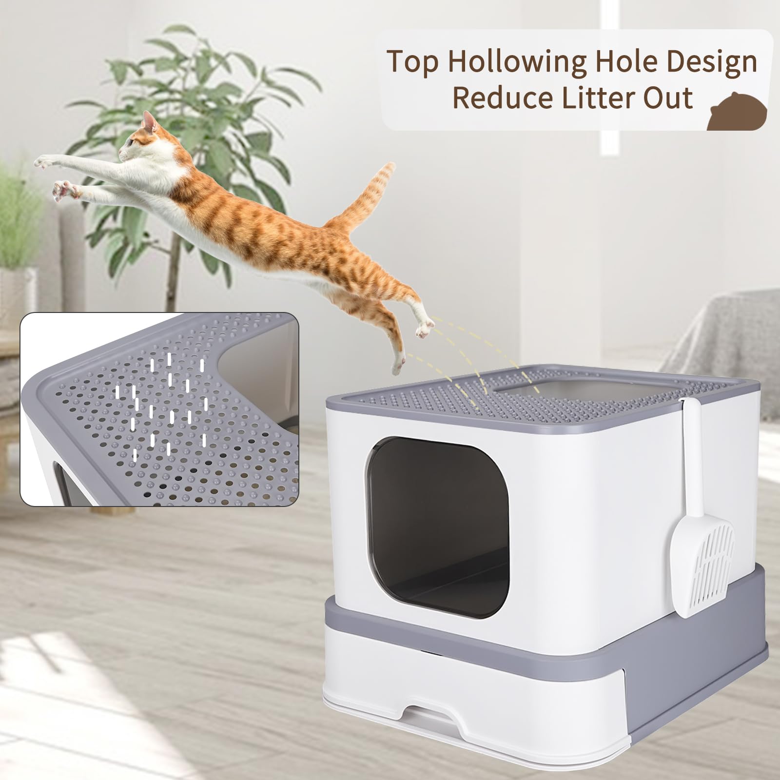 RIZZARI top-hole design helps minimize litter tracking and floor mess.