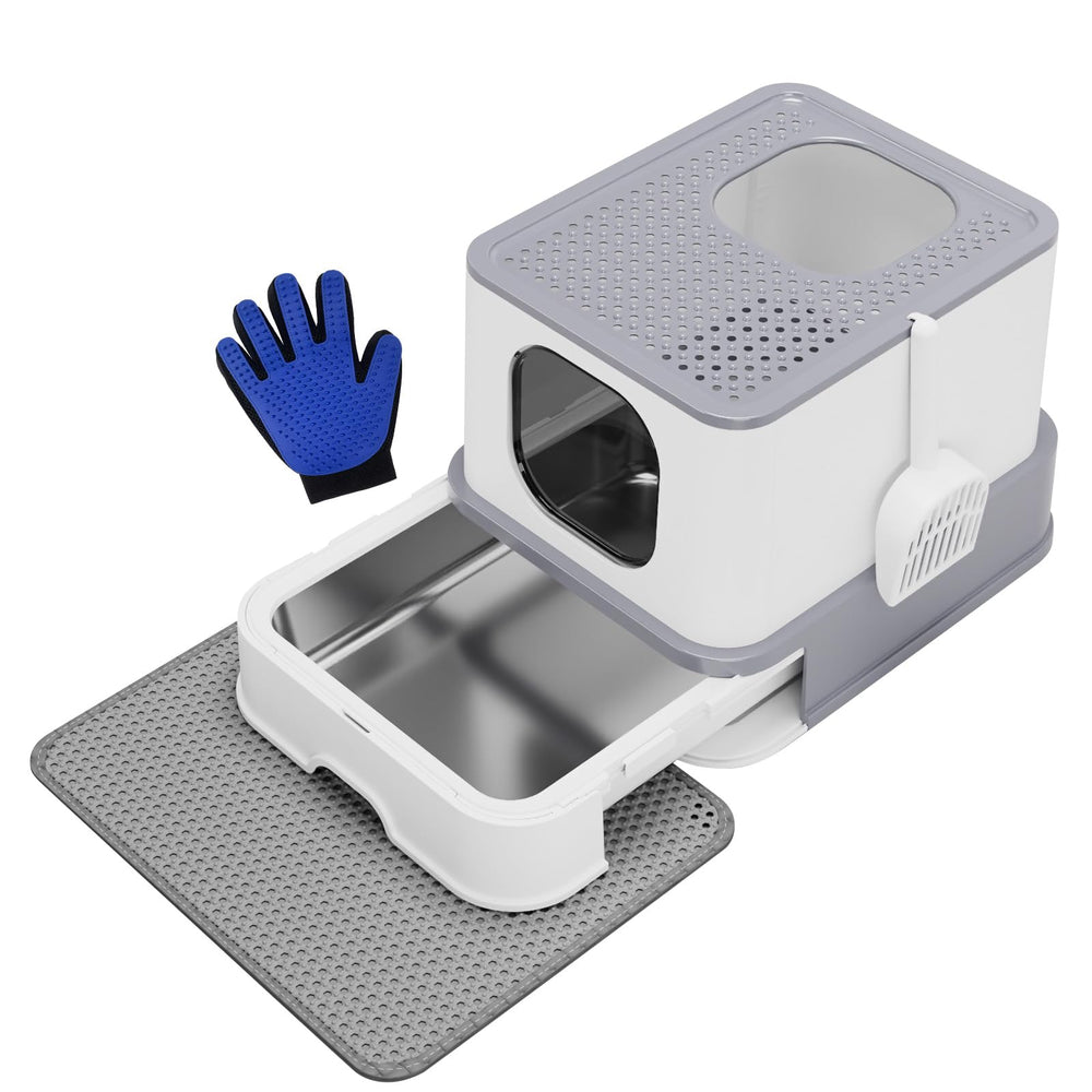 RIZZARI stainless-steel cat litter box side view with durable structure for longevity