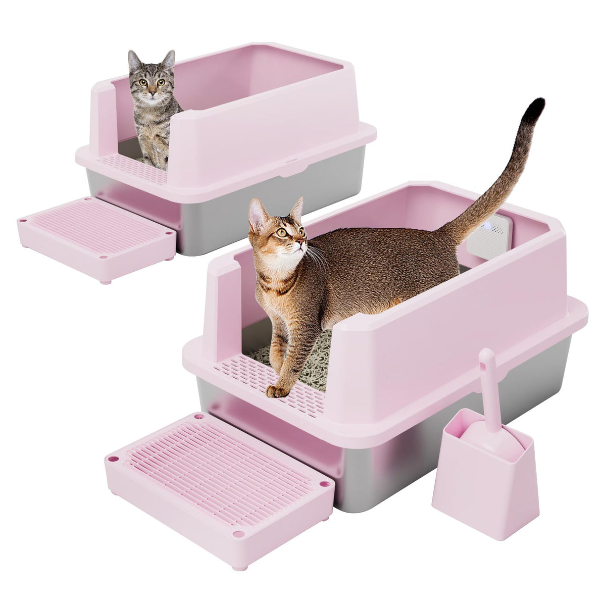 RIZZARI stainless-steel litter box with pink open top provides spacious, stress-free cat access.