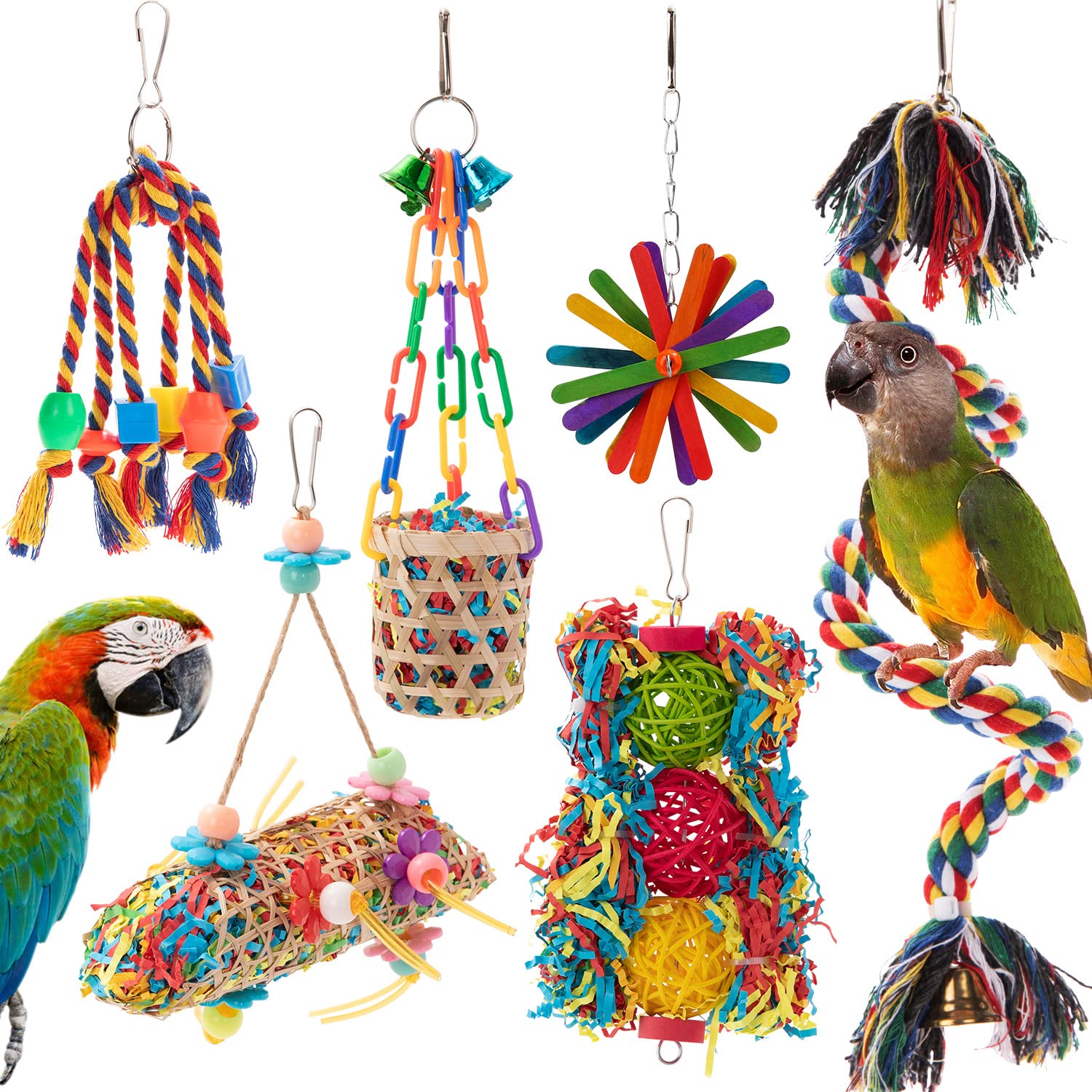 RLRICH 6-pack colorful chewing toys shown for parrots to encourage foraging and play.