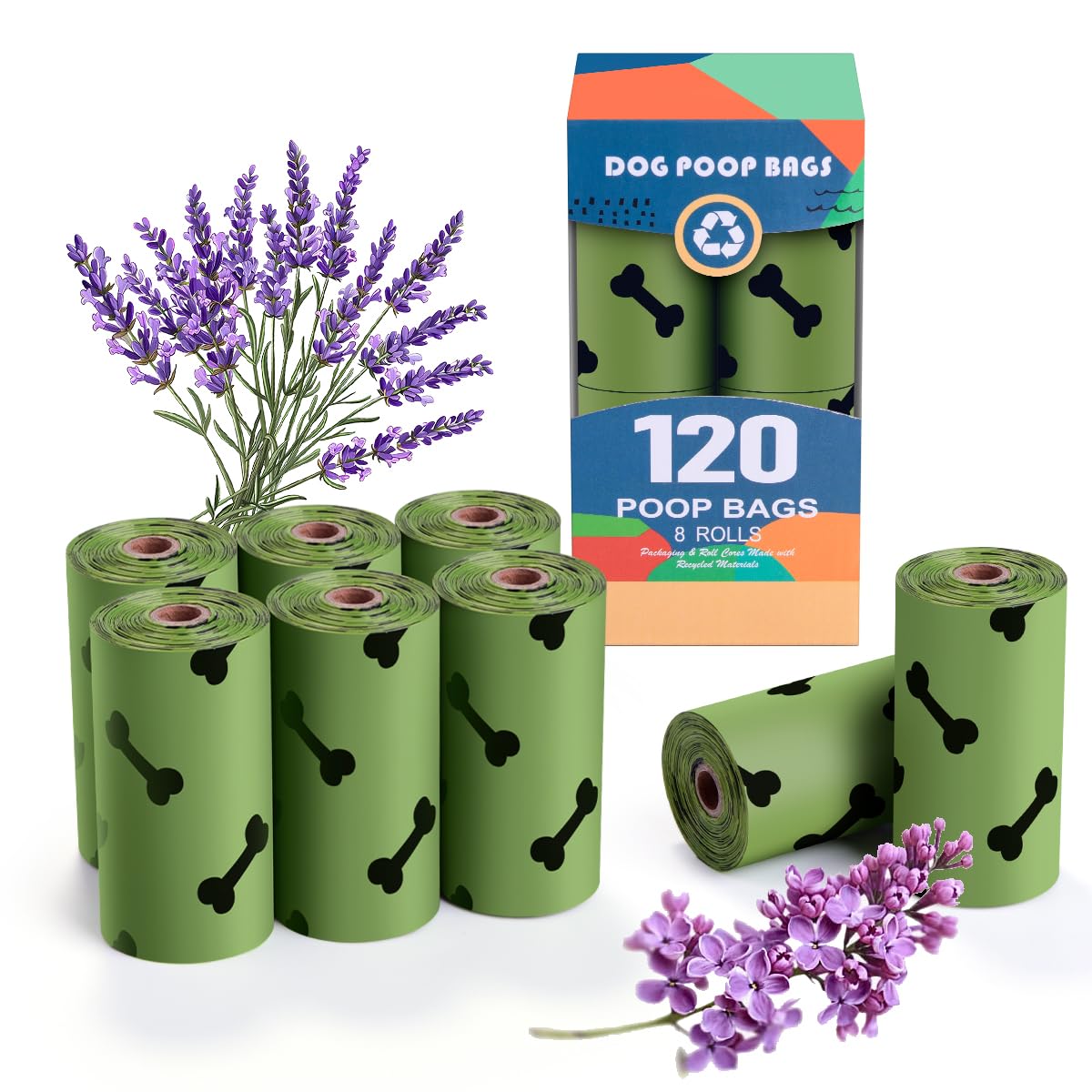 RMancipate Green Dog Poo Bags Lavender packaging shows eco-friendly materials and lavender scent.