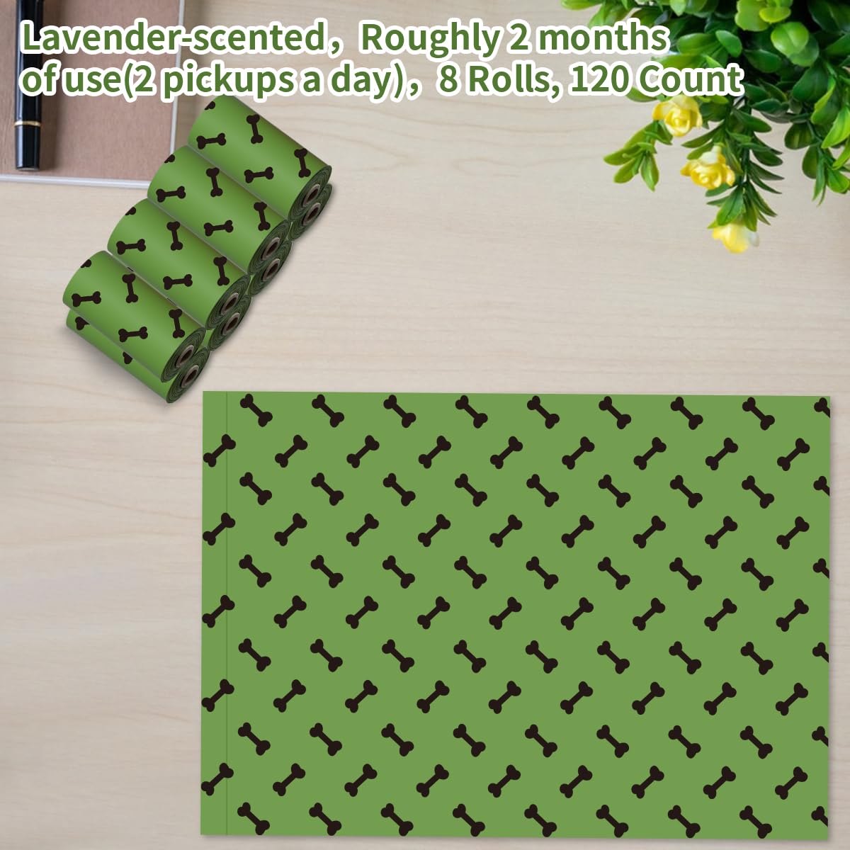 RMancipate Green Dog Poo Bags Lavender rolls provide convenient roll packaging for quick bag access.