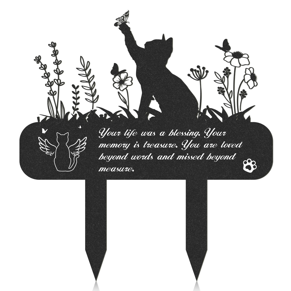 Rngmsi cat memorial plate metal tombstone showcases a lasting tribute in garden.
