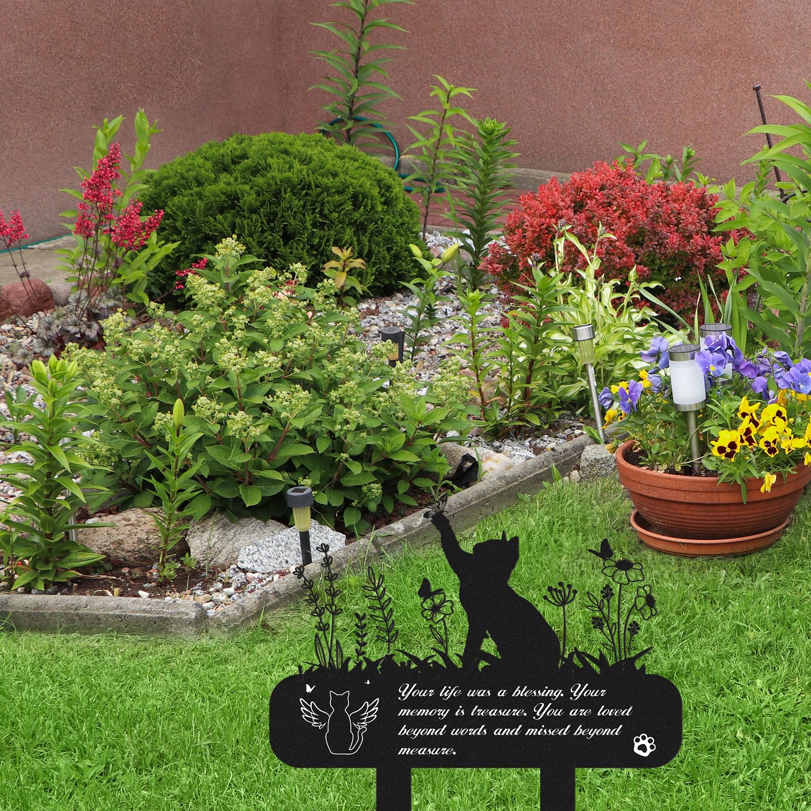 Rngmsi garden yard marker placement provides lasting memory near trees.
