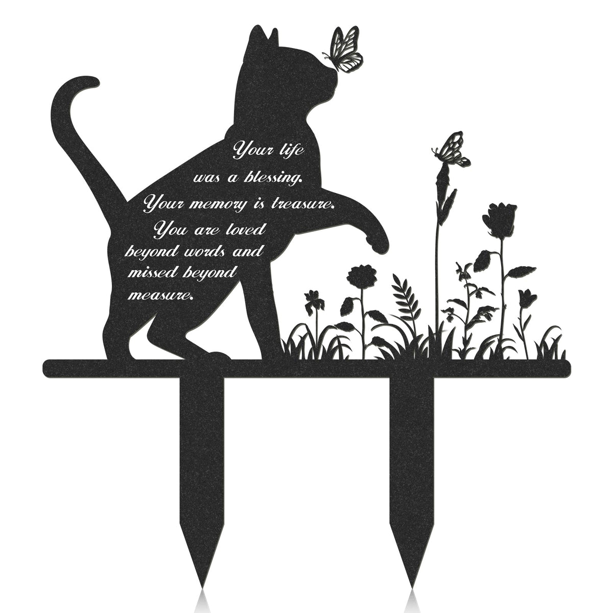 Rngmsi memorial cat grave marker featuring butterflies in bloom for outdoor remembrance.