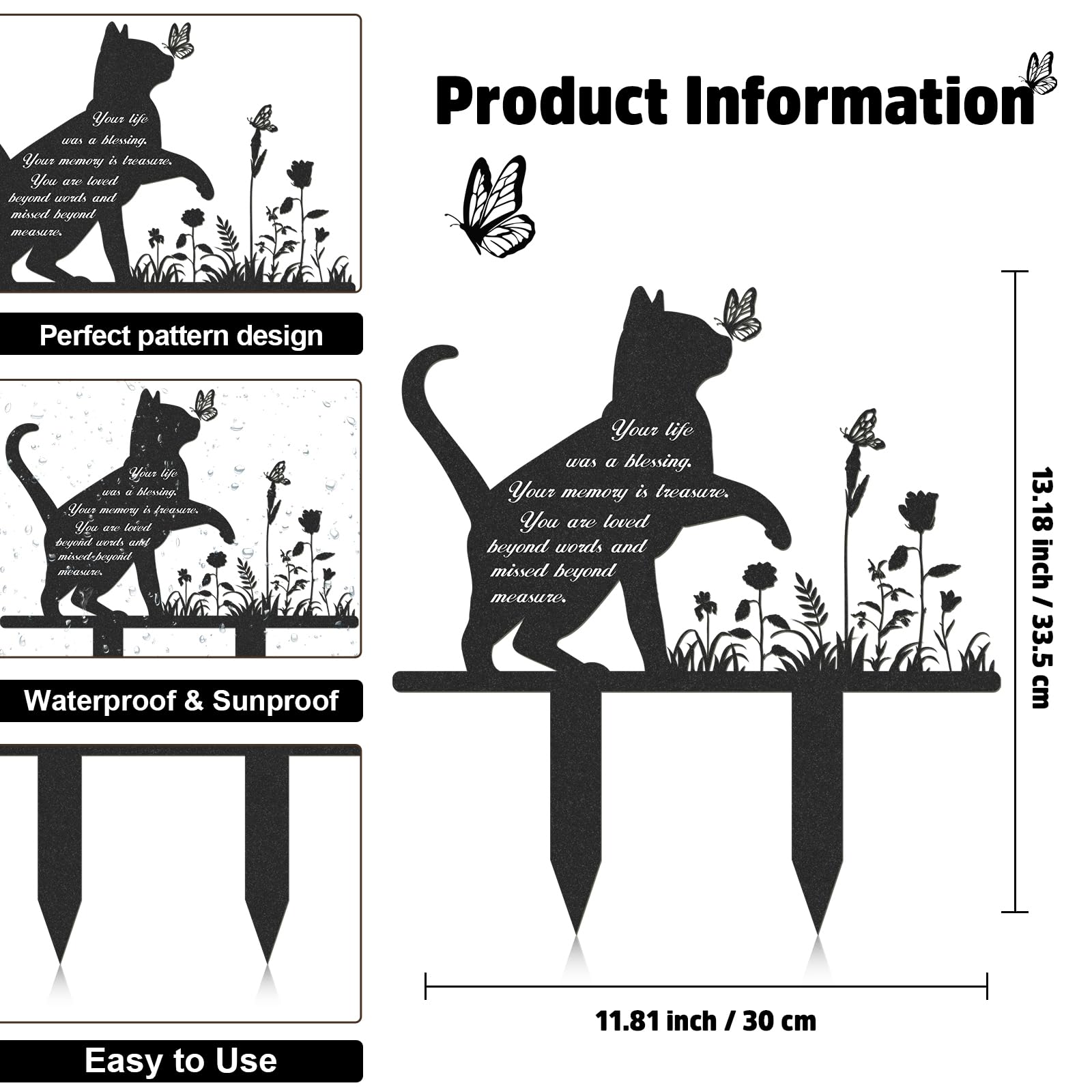 Rngmsi metal cat garden stake plaque designed for durable cemetery or yard display.