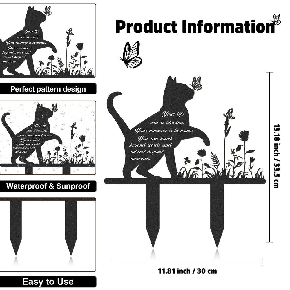 Rngmsi metal cat garden stake plaque designed for durable cemetery or yard display.