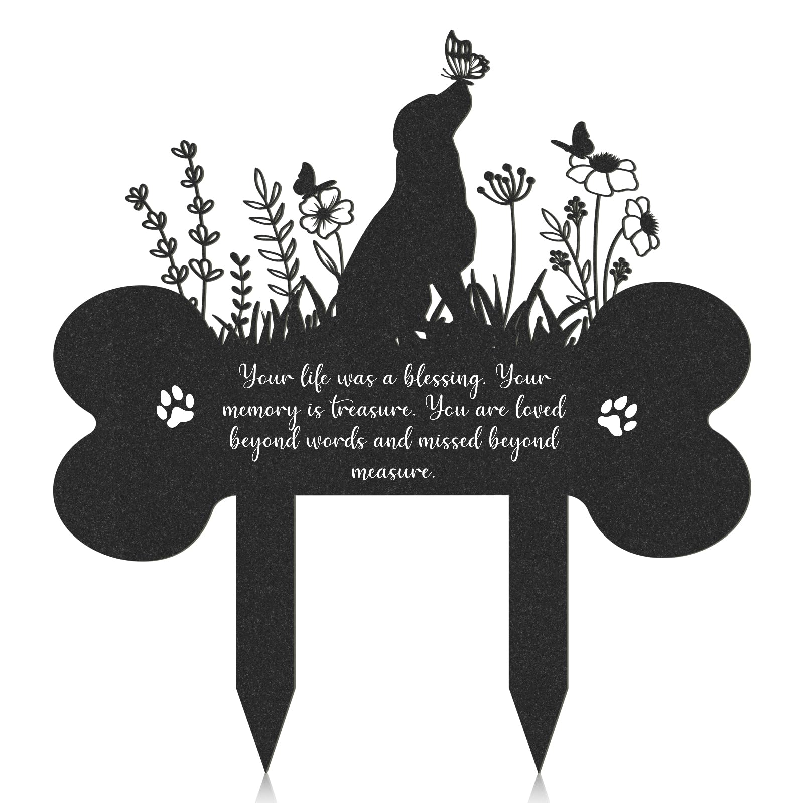 Rngmsi pet grave marker bone shape with grass flowers and butterflies for memorial garden.
