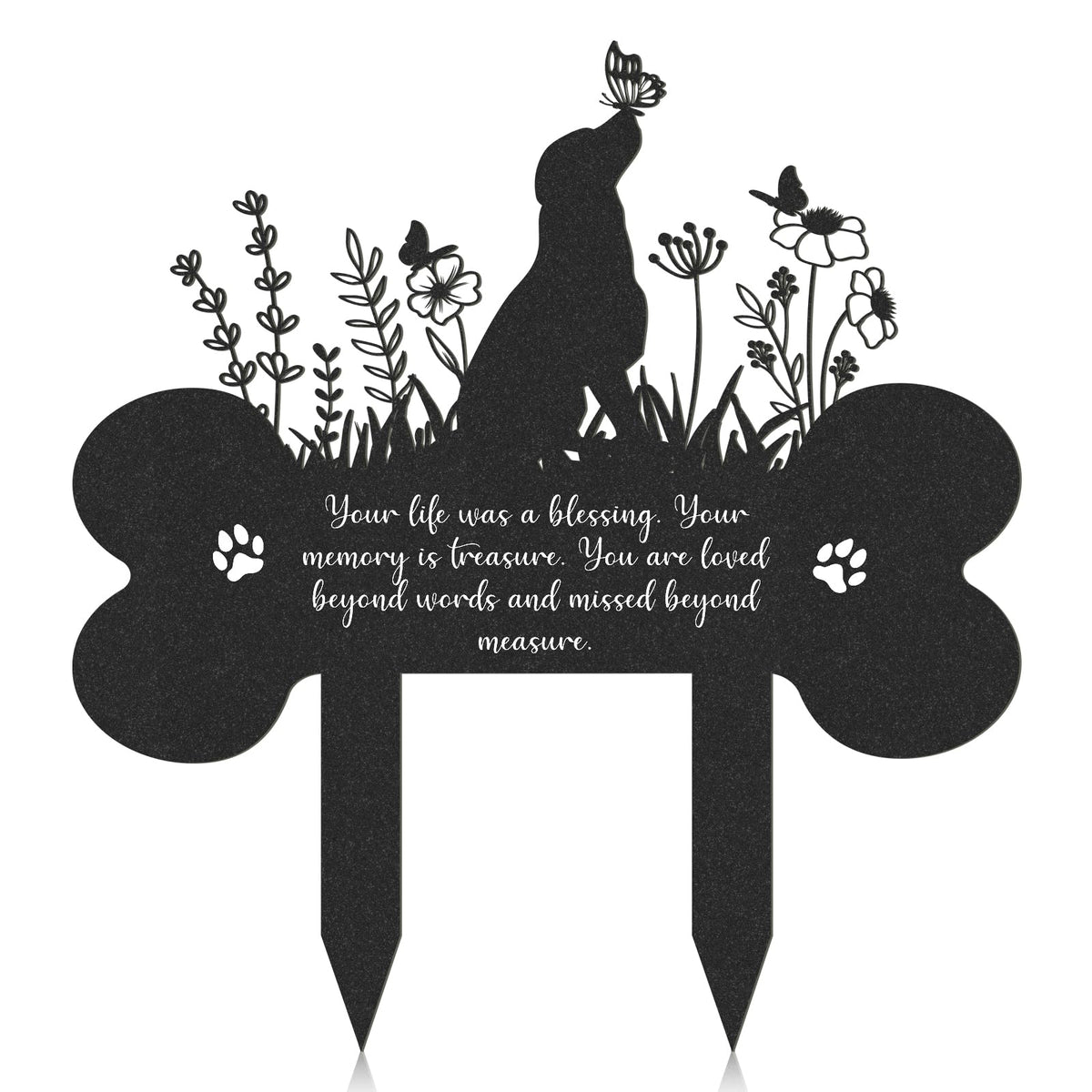 Rngmsi pet grave marker bone shape with grass flowers and butterflies for memorial garden.