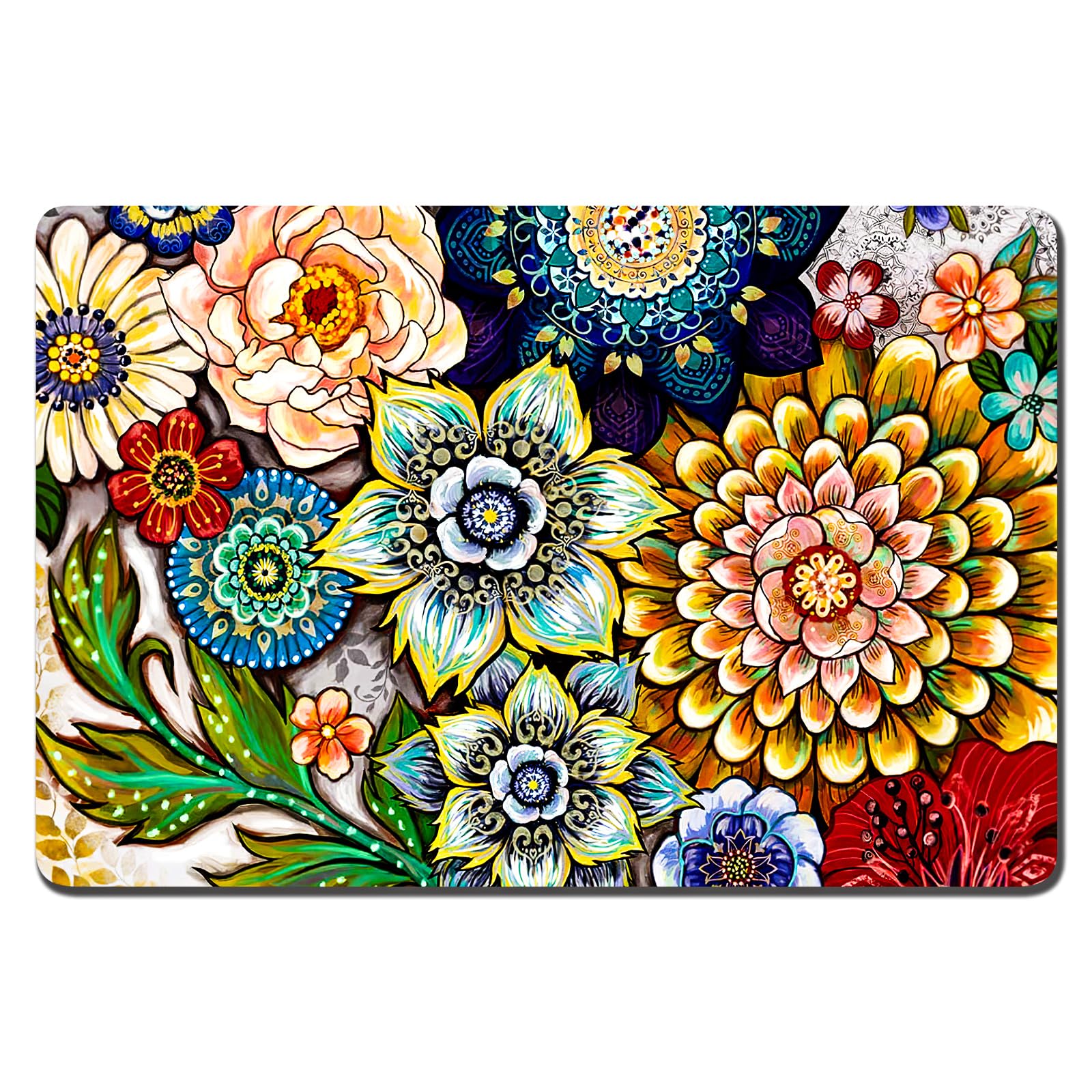 Rnivvi dog food mat with floral mandala design protects floors from spills.