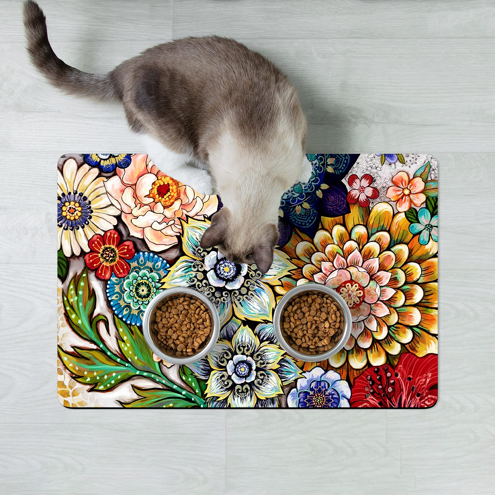 Rnivvi dog food mat protects floors and adds decorative appeal.