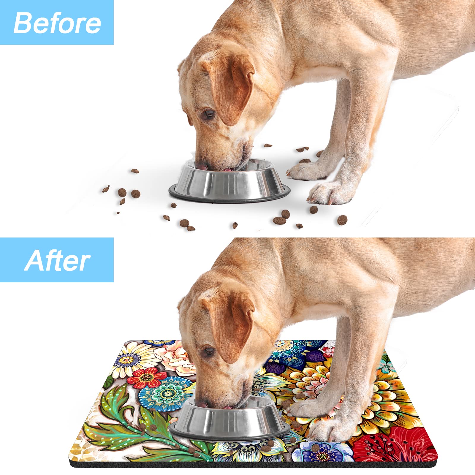 Rnivvi dog food mat suits water bowl areas to reduce mess.