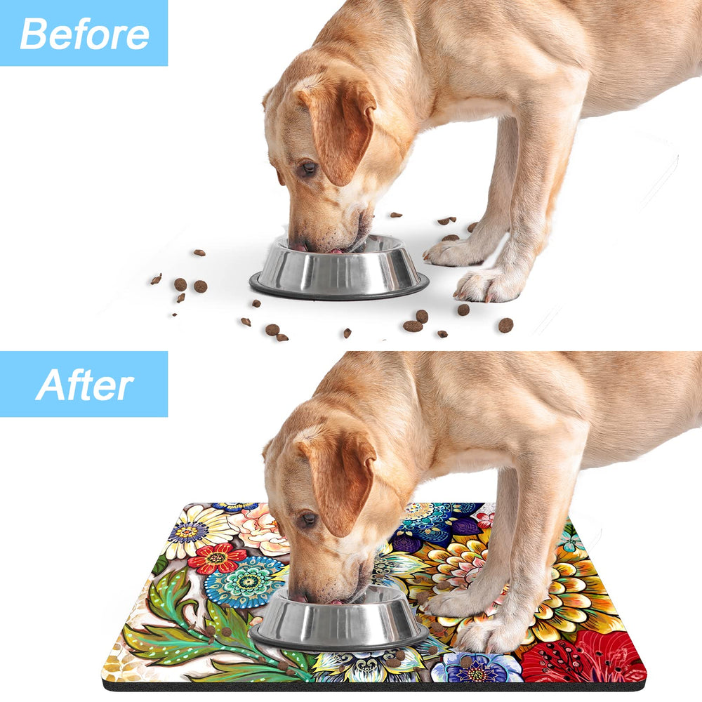 Rnivvi dog food mat suits water bowl areas to reduce mess.