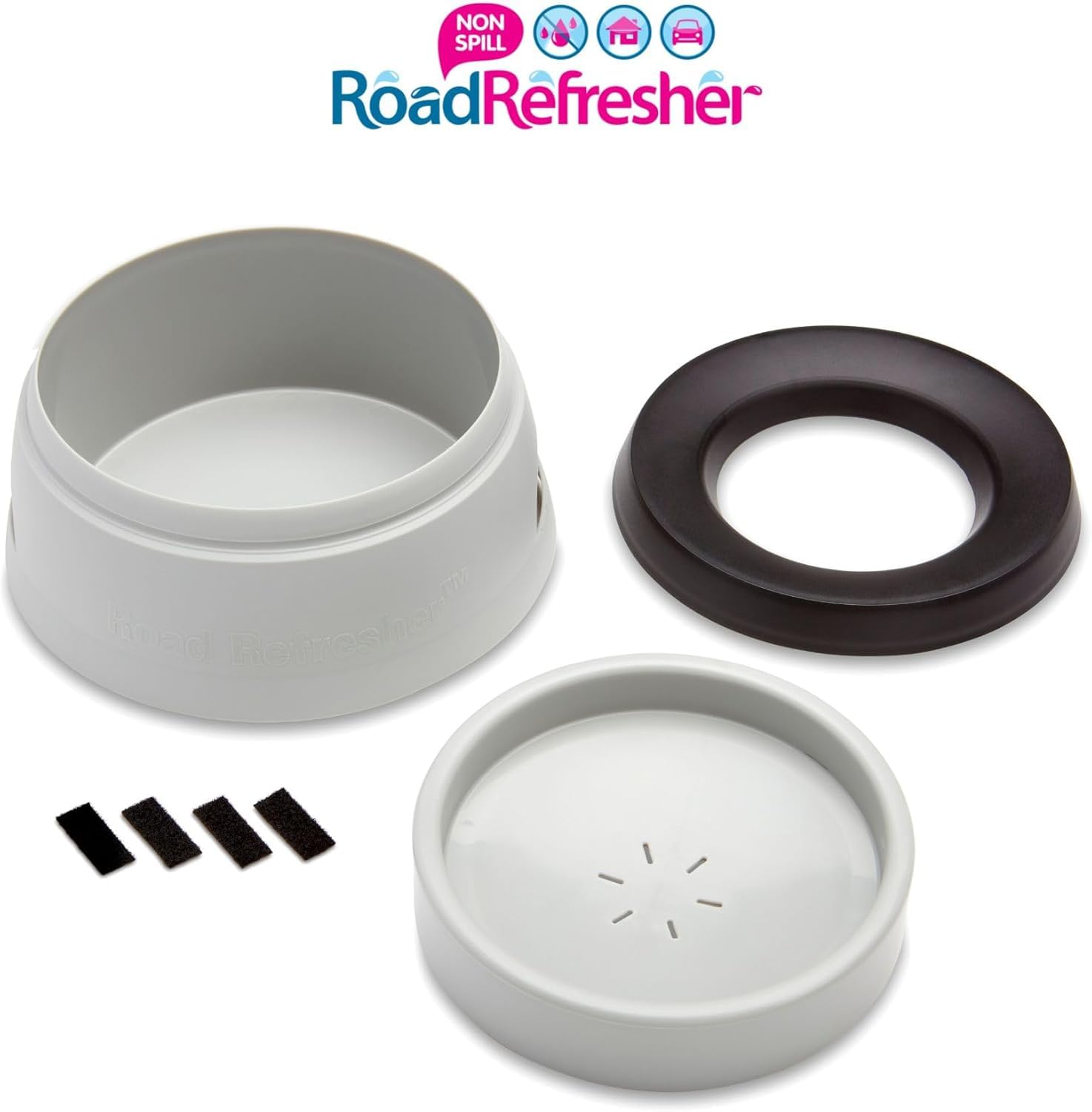 Road Refresher car-travel scenario image emphasizes mess-free hydration in vehicles.