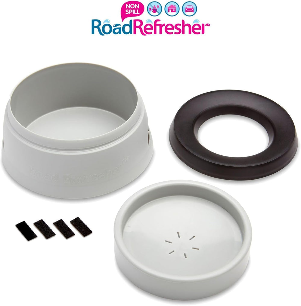 Road Refresher car-travel scenario image emphasizes mess-free hydration in vehicles.