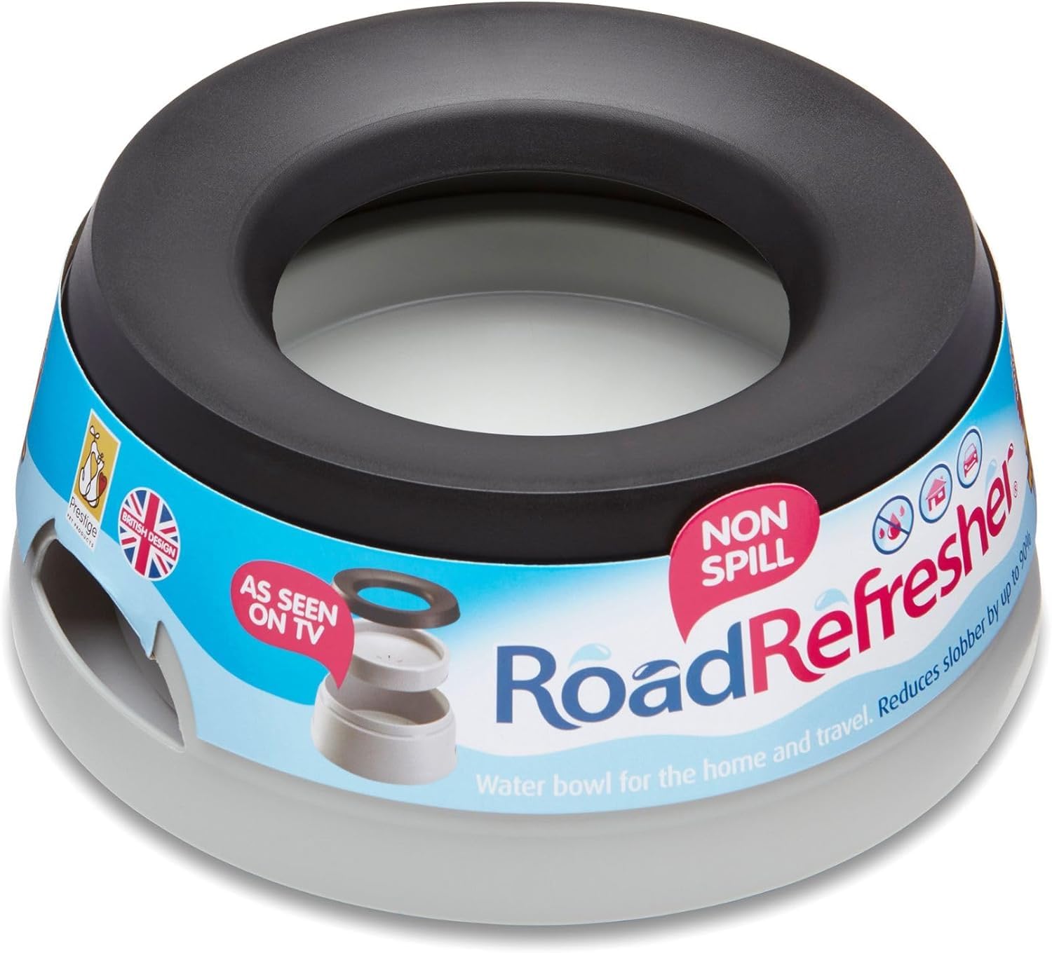 Road Refresher no-spill bowl with floating plate demonstrating spill-free hydration for dogs on the go.