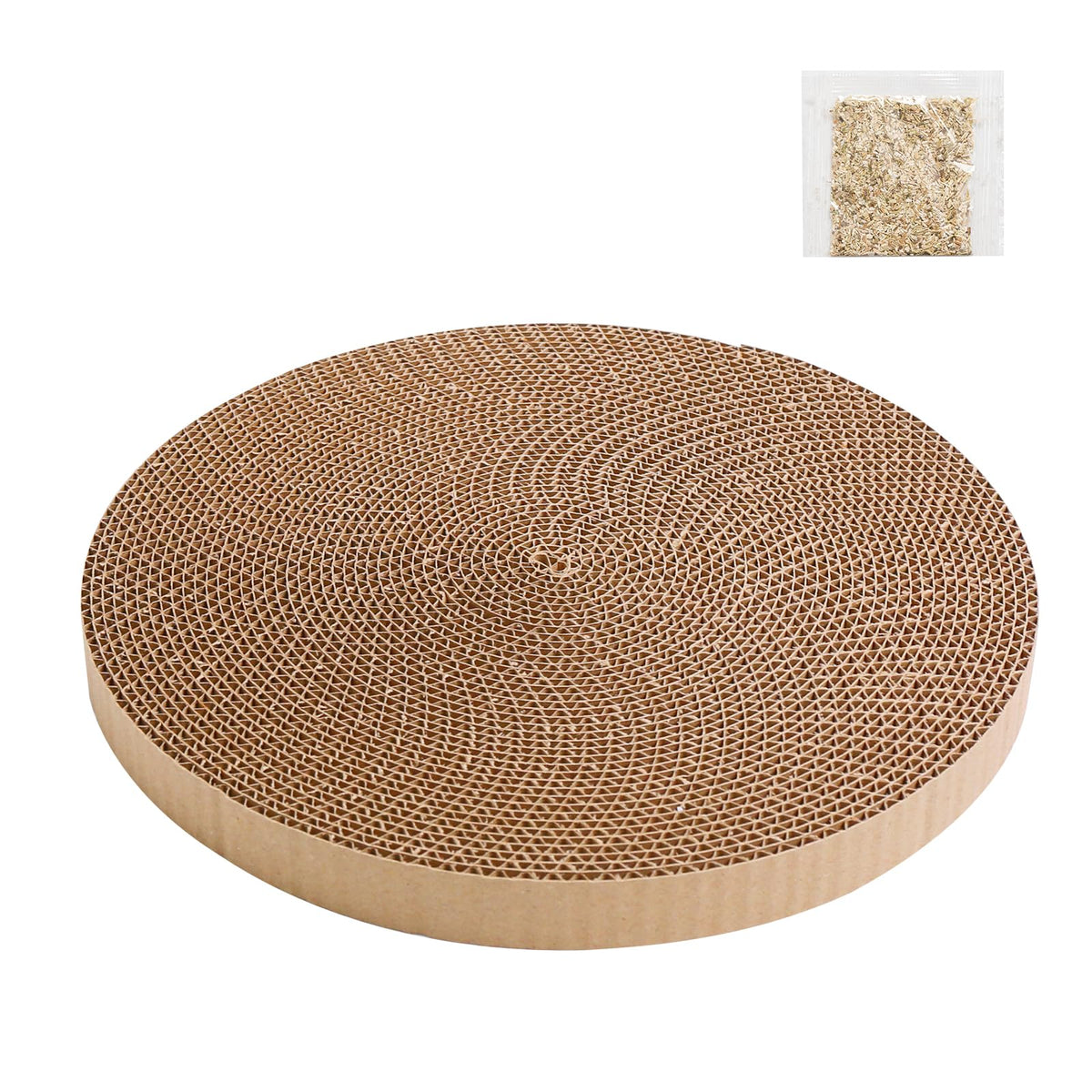Roadtofree round cat scratcher pad front view showing circular design and natural, eco-friendly cardboard texture.