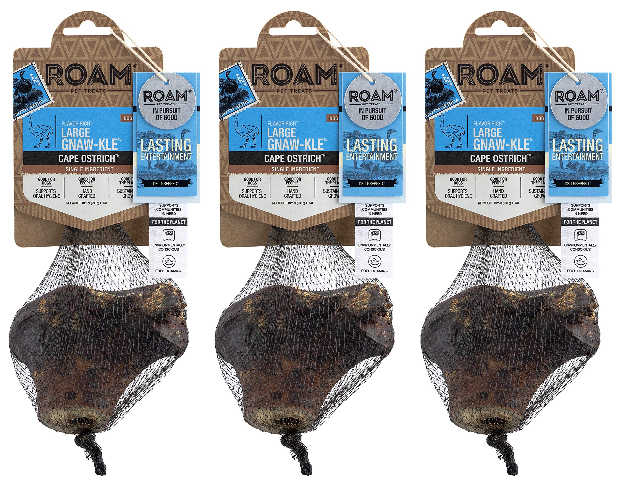 ROAM ostrich-knuckle chew in pack3 for large dogs' long-lasting entertainment.