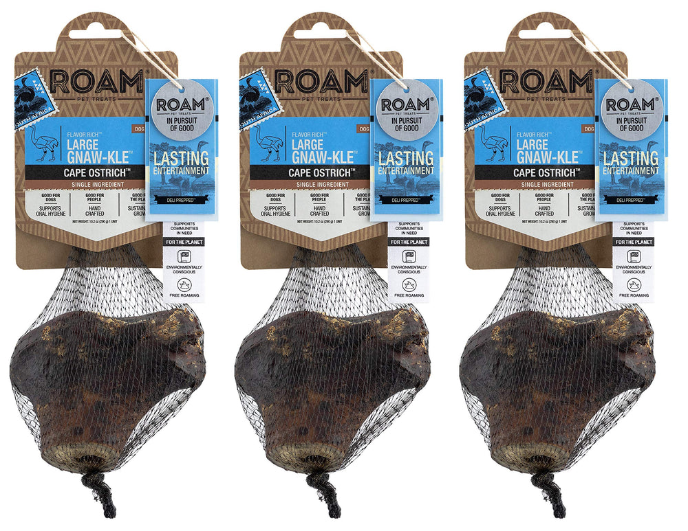 ROAM ostrich-knuckle chew in pack3 for large dogs' long-lasting entertainment.