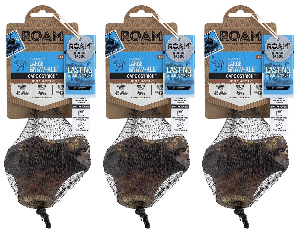 ROAM ostrich-knuckle chew in pack3 for large dogs' long-lasting entertainment.